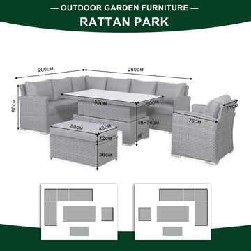 Victoria High Back Modular Corner Sofa Set with Rising Table & arm chair in Slate Grey Weave (#527)